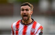 2 May 2025; Michael Duffy of Derry City celebrates after scoring his side's first goal during the SSE Airtricity Men's Premier Division match between Derry City and Shelbourne at The Ryan McBride Brandywell Stadium in Derry. Photo by Stephen McCarthy/Sportsfile