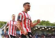 2 May 2025; Michael Duffy of Derry City celebrates after scoring his side's first goal during the SSE Airtricity Men's Premier Division match between Derry City and Shelbourne at The Ryan McBride Brandywell Stadium in Derry. Photo by Stephen McCarthy/Sportsfile