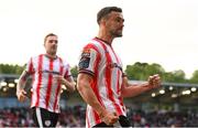 2 May 2025; Michael Duffy of Derry City celebrates after scoring his side's first goal during the SSE Airtricity Men's Premier Division match between Derry City and Shelbourne at The Ryan McBride Brandywell Stadium in Derry. Photo by Stephen McCarthy/Sportsfile