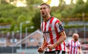 2 May 2025; Michael Duffy of Derry City celebrates after scoring his side's first goal during the SSE Airtricity Men's Premier Division match between Derry City and Shelbourne at The Ryan McBride Brandywell Stadium in Derry. Photo by Stephen McCarthy/Sportsfile