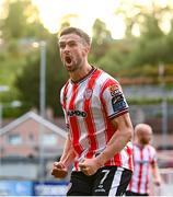 2 May 2025; Michael Duffy of Derry City celebrates after scoring his side's first goal during the SSE Airtricity Men's Premier Division match between Derry City and Shelbourne at The Ryan McBride Brandywell Stadium in Derry. Photo by Stephen McCarthy/Sportsfile