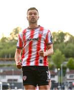 2 May 2025; Michael Duffy of Derry City celebrates after scoring his side's first goal during the SSE Airtricity Men's Premier Division match between Derry City and Shelbourne at The Ryan McBride Brandywell Stadium in Derry. Photo by Stephen McCarthy/Sportsfile