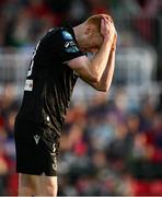 2 May 2025; Rory Gaffney of Shamrock Rovers reacts after missing a chance during the SSE Airtricity Men's Premier Division match between Cork City and Shamrock Rovers at Turner's Cross in Cork. Photo by Brendan Moran/Sportsfile