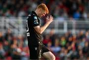 2 May 2025; Rory Gaffney of Shamrock Rovers reacts after missing a chance during the SSE Airtricity Men's Premier Division match between Cork City and Shamrock Rovers at Turner's Cross in Cork. Photo by Brendan Moran/Sportsfile