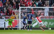2 May 2025; Aidan Keena of St Patrick's Athletic celebrates his side's first goal scored by Kian Leavy during the SSE Airtricity Men's Premier Division match between St Patrick's Athletic and Galway United at Richmond Park in Dublin. Photo by David Fitzgerald/Sportsfile