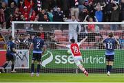 2 May 2025; Aidan Keena of St Patrick's Athletic celebrates his side's first goal scored by Kian Leavy during the SSE Airtricity Men's Premier Division match between St Patrick's Athletic and Galway United at Richmond Park in Dublin. Photo by David Fitzgerald/Sportsfile