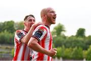 2 May 2025; Derry City's Liam Boyce is congratulated by team-mate Gavin Whyte, left, after scoring their side's second goal during the SSE Airtricity Men's Premier Division match between Derry City and Shelbourne at The Ryan McBride Brandywell Stadium in Derry. Photo by Stephen McCarthy/Sportsfile