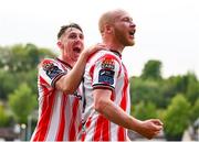 2 May 2025; Derry City's Liam Boyce is congratulated by team-mate Gavin Whyte, left, after scoring their side's second goal during the SSE Airtricity Men's Premier Division match between Derry City and Shelbourne at The Ryan McBride Brandywell Stadium in Derry. Photo by Stephen McCarthy/Sportsfile