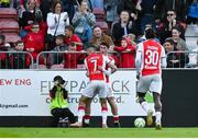 2 May 2025; Kian Leavy of St Patrick's Athletic celebrates with team mate Zach Elbouzedi after scoring their side's first goal during the SSE Airtricity Men's Premier Division match between St Patrick's Athletic and Galway United at Richmond Park in Dublin. Photo by David Fitzgerald/Sportsfile