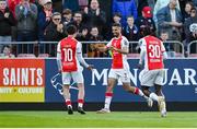 2 May 2025; Zach Elbouzedi of St Patrick's Athletic, centre, celebrates after scoring his side's second goal during the SSE Airtricity Men's Premier Division match between St Patrick's Athletic and Galway United at Richmond Park in Dublin. Photo by David Fitzgerald/Sportsfile