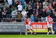 2 May 2025; Zach Elbouzedi of St Patrick's Athletic celebrates with team mate Kian Leavy after scoring their side's second goal during the SSE Airtricity Men's Premier Division match between St Patrick's Athletic and Galway United at Richmond Park in Dublin. Photo by David Fitzgerald/Sportsfile