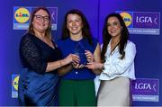 2 May 2025; The players selected on the Teams of the 2025 Lidl National Leagues were presented with their awards at Croke Park on Friday, May 2. The best players from the four divisions in the 2025 Lidl National Football Leagues were selected by the LGFA’s All Star committee. Leah Caffrey from Dublin is pictured receiving her Division 1 award from Trina Murray, Ladies Gaelic Football Association President, and Christine McIntyre, Senior Partnerships and Events Manager, Lidl Ireland and Northern Ireland. Photo by Matt Browne/Sportsfile