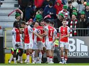 2 May 2025; Zach Elbouzedi of St Patrick's Athletic, centre, celebrates with team mates after scoring their side's second goal during the SSE Airtricity Men's Premier Division match between St Patrick's Athletic and Galway United at Richmond Park in Dublin. Photo by David Fitzgerald/Sportsfile