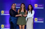 2 May 2025; The players selected on the Teams of the 2025 Lidl National Leagues were presented with their awards at Croke Park on Friday, May 2. The best players from the four divisions in the 2025 Lidl National Football Leagues were selected by the LGFA’s All Star committee. Kellyann Hogan from Waterford is pictured receiving her Division 1 award from Trina Murray, Ladies Gaelic Football Association President, and Christine McIntyre, Senior Partnerships and Events Manager, Lidl Ireland and Northern Ireland. Photo by Matt Browne/Sportsfile