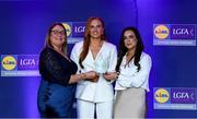 2 May 2025; The players selected on the Teams of the 2025 Lidl National Leagues were presented with their awards at Croke Park on Friday, May 2. The best players from the four divisions in the 2025 Lidl National Football Leagues were selected by the LGFA’s All Star committee. Blaithín Mackin from Armagh is pictured receiving her Division 1 award from Trina Murray, Ladies Gaelic Football Association President, and Christine McIntyre, Senior Partnerships and Events Manager, Lidl Ireland and Northern Ireland. Photo by Matt Browne/Sportsfile