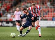 2 May 2025; Kevin Holt of Derry City in action against Ali Coote of Shelbourne during the SSE Airtricity Men's Premier Division match between Derry City and Shelbourne at The Ryan McBride Brandywell Stadium in Derry. Photo by Stephen McCarthy/Sportsfile
