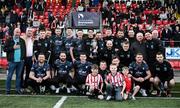 2 May 2025; Ardmore pose for a photograph with the fonaCAB Craig Stanfield Junior Cup before the SSE Airtricity Men's Premier Division match between Derry City and Shelbourne at The Ryan McBride Brandywell Stadium in Derry. Photo by Stephen McCarthy/Sportsfile