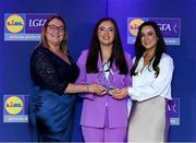 2 May 2025; The players selected on the Teams of the 2025 Lidl National Leagues were presented with their awards at Croke Park on Friday, May 2. The best players from the four divisions in the 2025 Lidl National Football Leagues were selected by the LGFA’s All Star committee. Niamh Reel from Armagh is pictured receiving her Division 1 award from Trina Murray, Ladies Gaelic Football Association President, and Christine McIntyre, Senior Partnerships and Events Manager, Lidl Ireland and Northern Ireland. Photo by Matt Browne/Sportsfile