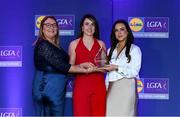 2 May 2025; The players selected on the Teams of the 2025 Lidl National Leagues were presented with their awards at Croke Park on Friday, May 2. The best players from the four divisions in the 2025 Lidl National Football Leagues were selected by the LGFA’s All Star committee. Shauna Kelly from Cork is pictured receiving her Division 2 award from Trina Murray, Ladies Gaelic Football Association President, and Christine McIntyre, Senior Partnerships and Events Manager, Lidl Ireland and Northern Ireland. Photo by Matt Browne/Sportsfile