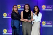 2 May 2025; The players selected on the Teams of the 2025 Lidl National Leagues were presented with their awards at Croke Park on Friday, May 2. The best players from the four divisions in the 2025 Lidl National Football Leagues were selected by the LGFA’s All Star committee. Dearbhla Gower from Galway is pictured receiving her Division 2 award from Trina Murray, Ladies Gaelic Football Association President, and Christine McIntyre, Senior Partnerships and Events Manager, Lidl Ireland and Northern Ireland. Photo by Matt Browne/Sportsfile