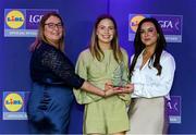 2 May 2025; The players selected on the Teams of the 2025 Lidl National Leagues were presented with their awards at Croke Park on Friday, May 2. The best players from the four divisions in the 2025 Lidl National Football Leagues were selected by the LGFA’s All Star committee. Hannah Noone from Galway is pictured receiving her Division 2 award from Trina Murray, Ladies Gaelic Football Association President, and Christine McIntyre, Senior Partnerships and Events Manager, Lidl Ireland and Northern Ireland. Photo by Matt Browne/Sportsfile