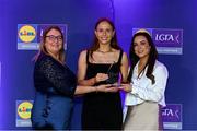 2 May 2025; The players selected on the Teams of the 2025 Lidl National Leagues were presented with their awards at Croke Park on Friday, May 2. The best players from the four divisions in the 2025 Lidl National Football Leagues were selected by the LGFA’s All Star committee. Olivia Divilly from Galway is pictured receiving her Division 2 award from Trina Murray, Ladies Gaelic Football Association President, and Christine McIntyre, Senior Partnerships and Events Manager, Lidl Ireland and Northern Ireland. Photo by Matt Browne/Sportsfile