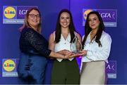 2 May 2025; The players selected on the Teams of the 2025 Lidl National Leagues were presented with their awards at Croke Park on Friday, May 2. The best players from the four divisions in the 2025 Lidl National Football Leagues were selected by the LGFA’s All Star committee. Shauna Hynes from Galway is pictured receiving her Division 2 award from Trina Murray, Ladies Gaelic Football Association President, and Christine McIntyre, Senior Partnerships and Events Manager, Lidl Ireland and Northern Ireland. Photo by Matt Browne/Sportsfile