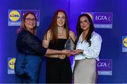 2 May 2025; The players selected on the Teams of the 2025 Lidl National Leagues were presented with their awards at Croke Park on Friday, May 2. The best players from the four divisions in the 2025 Lidl National Football Leagues were selected by the LGFA’s All Star committee. Kate Slevin from Galway is pictured receiving her Division 2 award from Trina Murray, Ladies Gaelic Football Association President, and Christine McIntyre, Senior Partnerships and Events Manager, Lidl Ireland and Northern Ireland. Photo by Matt Browne/Sportsfile