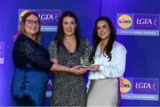 2 May 2025; The players selected on the Teams of the 2025 Lidl National Leagues were presented with their awards at Croke Park on Friday, May 2. The best players from the four divisions in the 2025 Lidl National Football Leagues were selected by the LGFA’s All Star committee. Róisín Leonard from Galway is pictured receiving her Division 2 award from Trina Murray, Ladies Gaelic Football Association President, and Christine McIntyre, Senior Partnerships and Events Manager, Lidl Ireland and Northern Ireland. Photo by Matt Browne/Sportsfile