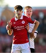 2 May 2025; Jad Hakiki of Sligo Rovers and Shane Farrell of Drogheda United during the SSE Airtricity Men's Premier Division match between Sligo Rovers and Drogheda United at The Showgrounds in Sligo. Photo by Piaras Ó Mídheach/Sportsfile