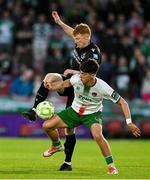 2 May 2025; Rory Gaffney of Shamrock Rovers in action against Matthew Kiernan of Cork City during the SSE Airtricity Men's Premier Division match between Cork City and Shamrock Rovers at Turner's Cross in Cork. Photo by Brendan Moran/Sportsfile