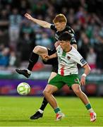 2 May 2025; Rory Gaffney of Shamrock Rovers in action against Matthew Kiernan of Cork City during the SSE Airtricity Men's Premier Division match between Cork City and Shamrock Rovers at Turner's Cross in Cork. Photo by Brendan Moran/Sportsfile