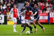 2 May 2025; Al-Amin Kazeem of St Patrick's Athletic in action against Sean Kerrigan of Galway United during the SSE Airtricity Men's Premier Division match between St Patrick's Athletic and Galway United at Richmond Park in Dublin. Photo by David Fitzgerald/Sportsfile