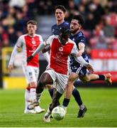 2 May 2025; Al-Amin Kazeem of St Patrick's Athletic in action against Sean Kerrigan of Galway United during the SSE Airtricity Men's Premier Division match between St Patrick's Athletic and Galway United at Richmond Park in Dublin. Photo by David Fitzgerald/Sportsfile
