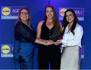 2 May 2025; The players selected on the Teams of the 2025 Lidl National Leagues were presented with their awards at Croke Park on Friday, May 2. The best players from the four divisions in the 2025 Lidl National Football Leagues were selected by the LGFA’s All Star committee. Evelyn Baugh from Cavan is pictured receiving her Division 3 award from Trina Murray, Ladies Gaelic Football Association President, and Christine McIntyre, Senior Partnerships and Events Manager, Lidl Ireland and Northern Ireland. Photo by Matt Browne/Sportsfile