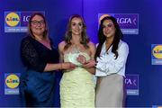 2 May 2025; The players selected on the Teams of the 2025 Lidl National Leagues were presented with their awards at Croke Park on Friday, May 2. The best players from the four divisions in the 2025 Lidl National Football Leagues were selected by the LGFA’s All Star committee. Eilis Hand from Louth is pictured receiving her Division 3 award from Trina Murray, Ladies Gaelic Football Association President, and Christine McIntyre, Senior Partnerships and Events Manager, Lidl Ireland and Northern Ireland. Photo by Matt Browne/Sportsfile