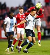 2 May 2025; Douglas James-Taylor of Drogheda United in action against Harvey Lintott of Sligo Rovers during the SSE Airtricity Men's Premier Division match between Sligo Rovers and Drogheda United at The Showgrounds in Sligo. Photo by Piaras Ó Mídheach/Sportsfile