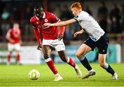 2 May 2025; Francely Lomboto of Sligo Rovers in action against James Bolger of Drogheda United during the SSE Airtricity Men's Premier Division match between Sligo Rovers and Drogheda United at The Showgrounds in Sligo. Photo by Piaras Ó Mídheach/Sportsfile