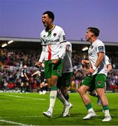 2 May 2025; Freddie Anderson of Cork City, left, celebrates with teammates after scoring their side's first goal during the SSE Airtricity Men's Premier Division match between Cork City and Shamrock Rovers at Turner's Cross in Cork. Photo by Brendan Moran/Sportsfile
