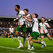 2 May 2025; Freddie Anderson of Cork City, left, celebrates with teammates after scoring their side's first goal during the SSE Airtricity Men's Premier Division match between Cork City and Shamrock Rovers at Turner's Cross in Cork. Photo by Brendan Moran/Sportsfile
