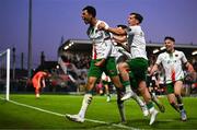 2 May 2025; Freddie Anderson of Cork City, left, celebrates with teammates after scoring their side's first goal during the SSE Airtricity Men's Premier Division match between Cork City and Shamrock Rovers at Turner's Cross in Cork. Photo by Brendan Moran/Sportsfile