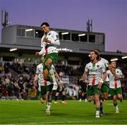 2 May 2025; Freddie Anderson of Cork City, left, celebrates with teammates after scoring their side's first goal during the SSE Airtricity Men's Premier Division match between Cork City and Shamrock Rovers at Turner's Cross in Cork. Photo by Brendan Moran/Sportsfile