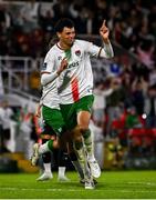 2 May 2025; Freddie Anderson of Cork City celebrates with teammates after scoring their side's first goal during the SSE Airtricity Men's Premier Division match between Cork City and Shamrock Rovers at Turner's Cross in Cork. Photo by Brendan Moran/Sportsfile