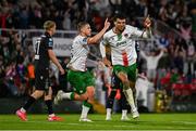 2 May 2025; Freddie Anderson of Cork City, right, celebrates with teammates after scoring their side's first goal during the SSE Airtricity Men's Premier Division match between Cork City and Shamrock Rovers at Turner's Cross in Cork. Photo by Brendan Moran/Sportsfile