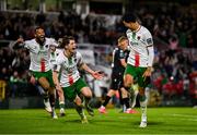 2 May 2025; Freddie Anderson of Cork City, right, celebrates with teammates after scoring their side's first goal during the SSE Airtricity Men's Premier Division match between Cork City and Shamrock Rovers at Turner's Cross in Cork. Photo by Brendan Moran/Sportsfile
