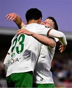 2 May 2025; Freddie Anderson of Cork City, left, celebrates with teammate Cathal O'Sullivan after scoring their side's first goal during the SSE Airtricity Men's Premier Division match between Cork City and Shamrock Rovers at Turner's Cross in Cork. Photo by Brendan Moran/Sportsfile