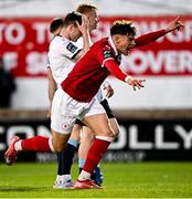 2 May 2025; Conor Kane of Drogheda United, centre, reacts after scoring an own goal, for the second goal by Sligo Rovers, as Owen Elding of Sligo Rovers celebrates, during the SSE Airtricity Men's Premier Division match between Sligo Rovers and Drogheda United at The Showgrounds in Sligo. Photo by Piaras Ó Mídheach/Sportsfile