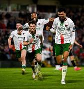 2 May 2025; Freddie Anderson of Cork City, right, celebrates with teammates after scoring their side's first goal during the SSE Airtricity Men's Premier Division match between Cork City and Shamrock Rovers at Turner's Cross in Cork. Photo by Brendan Moran/Sportsfile
