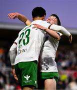 2 May 2025; Freddie Anderson of Cork City, left, celebrates with teammate Cathal O'Sullivan after scoring their side's first goal during the SSE Airtricity Men's Premier Division match between Cork City and Shamrock Rovers at Turner's Cross in Cork. Photo by Brendan Moran/Sportsfile
