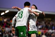 2 May 2025; Freddie Anderson of Cork City, left, celebrates with teammate Cathal O'Sullivan after scoring their side's first goal during the SSE Airtricity Men's Premier Division match between Cork City and Shamrock Rovers at Turner's Cross in Cork. Photo by Brendan Moran/Sportsfile